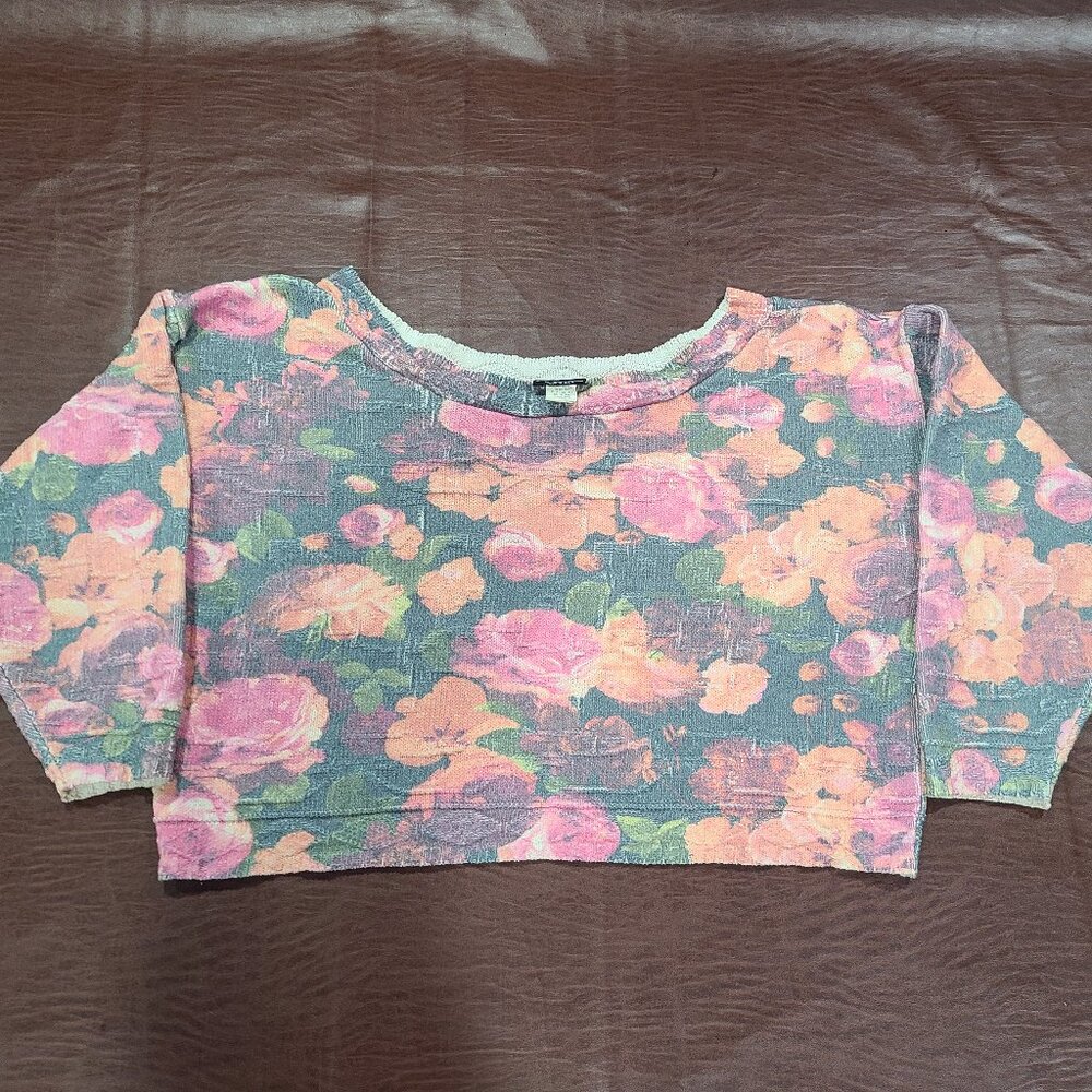 VINTAGE 1990s Objects D'art Floral Cropped Boat Neck Knit Crop Top Sweater Sz: M